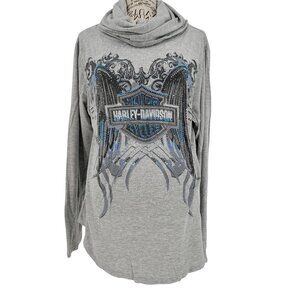 Harley-Davidson Women’s Gray Rhinestone Winged Logo Cowl Neck Long Sleeve Top XL